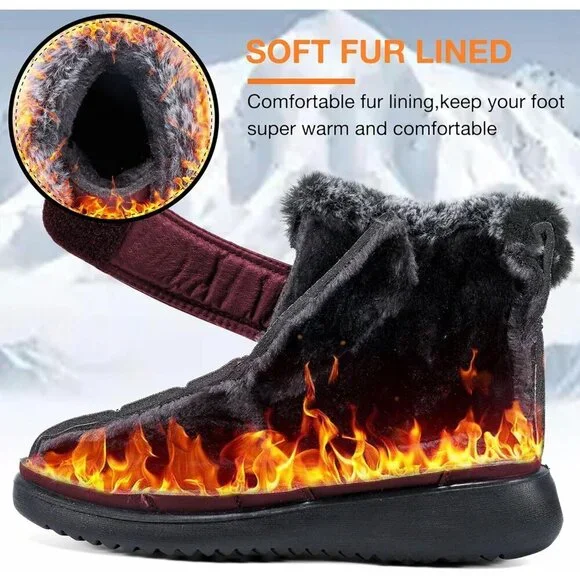 Women’s Wine Red Winter Snow Boots Warm Waterproof Fur Lined Slip-Ons